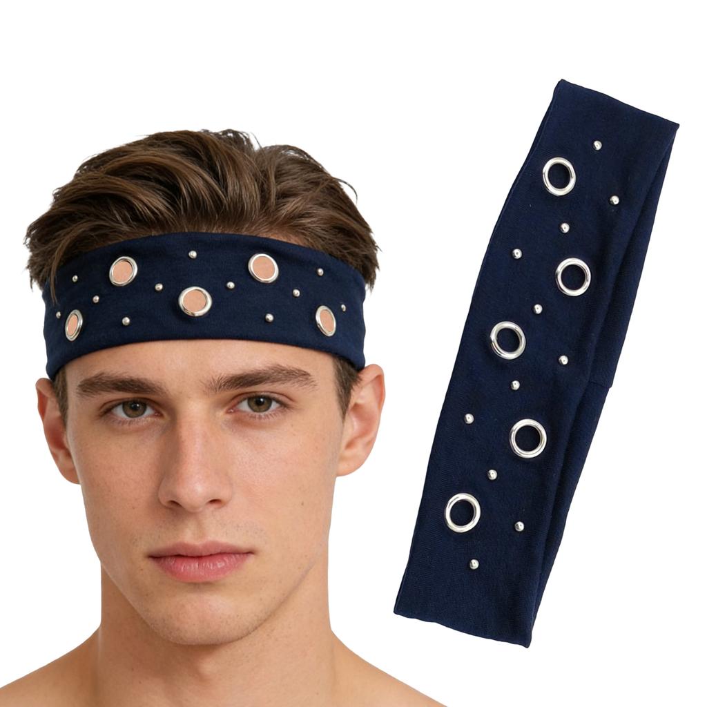 Elastic Punk Metal Eyelet Headband, Unisex Wide Stretch Rivet Hair Band, Retro Street Sports Sweat Head Wrap