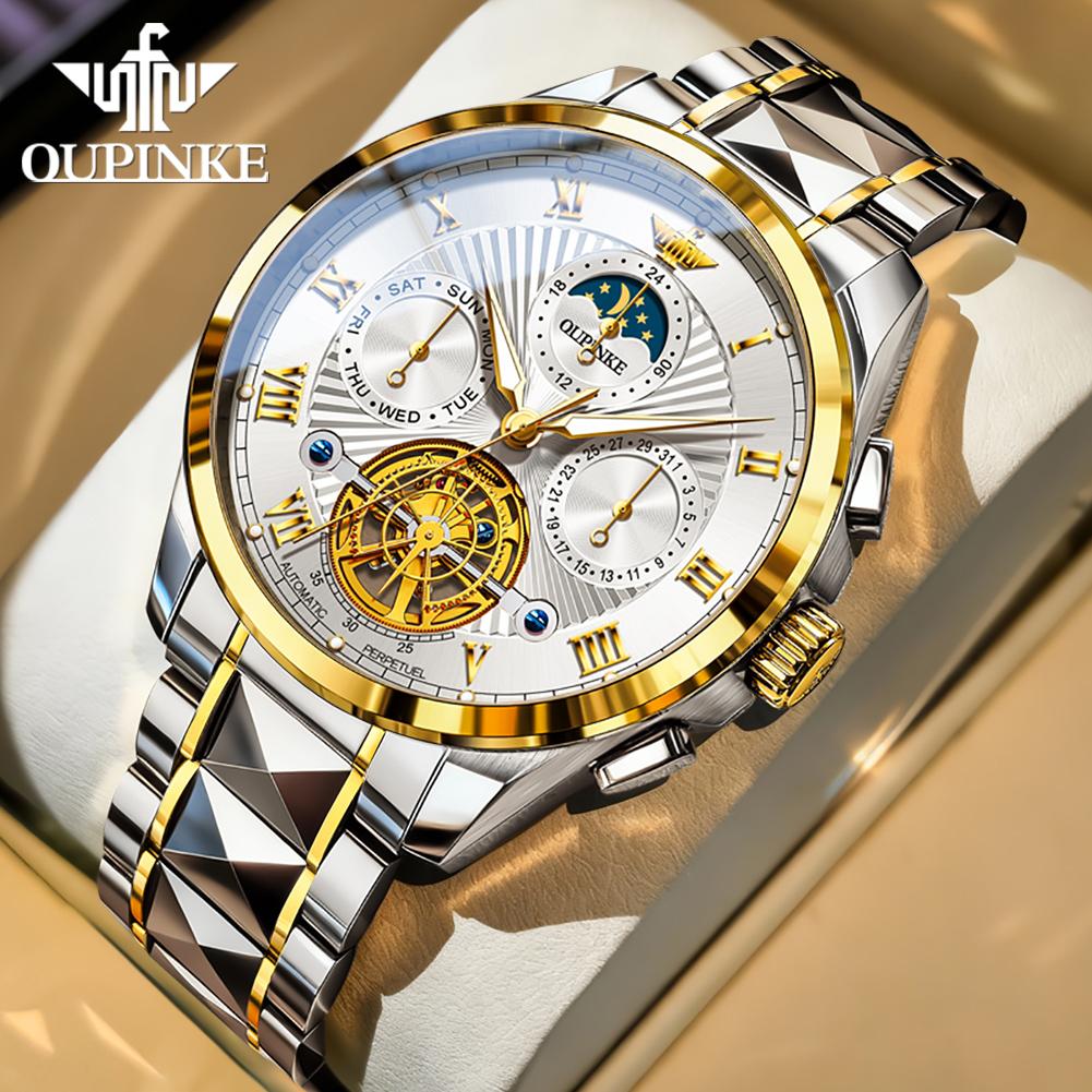 OUPINKE 3322 Men Mechanical Movement Watch Stainless Steel Strap Date Subdial Calendar Window Night Light 50m Waterproof Watch