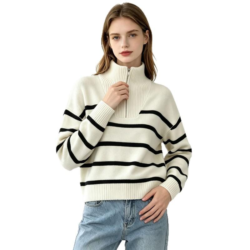 Womens Striped Half-Zip Knit Sweater Loose Fit High Neck Long Sleeve Casual Pullover
