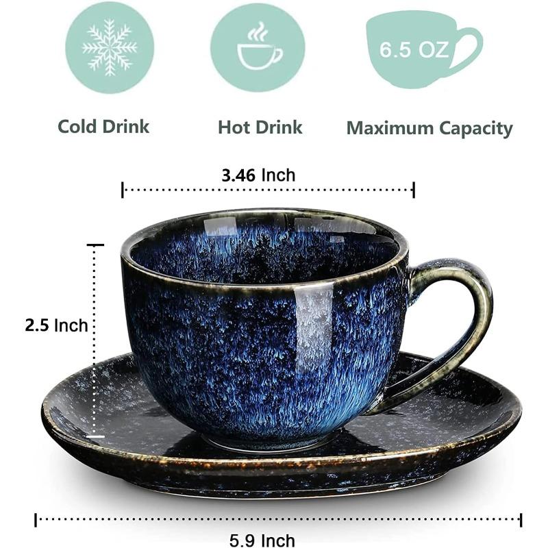 Чашки для капучино 6,5 унций с блюдцами, набор из 4 штук, керамическая кофейная чашка для кофе-о-ле, двойного эспрессо, латте, мокко