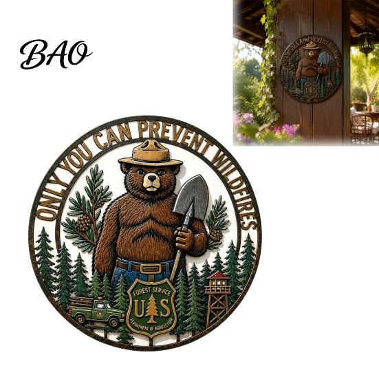Unique Gift for Campers Only You Can Prevent Wildfires Metal Sign, Vintage Round Bear Wall Spiritual Symbol Sign Hanging Decor, Funny Retro Tin Home,