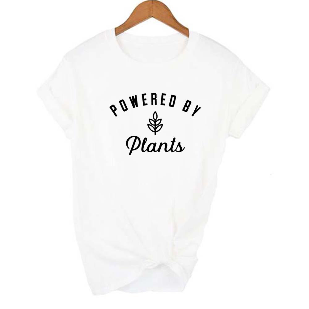 Powered By Plants Women T Shirt Round Neck Vegan Gift Shirts Graphic Tee Garden Vegetable Tumblr