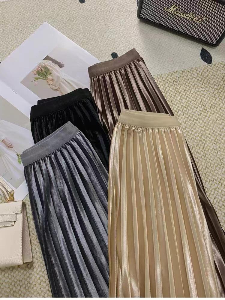 Women's High-Waisted Gold Velvet Pleated A-Line Long Skirt