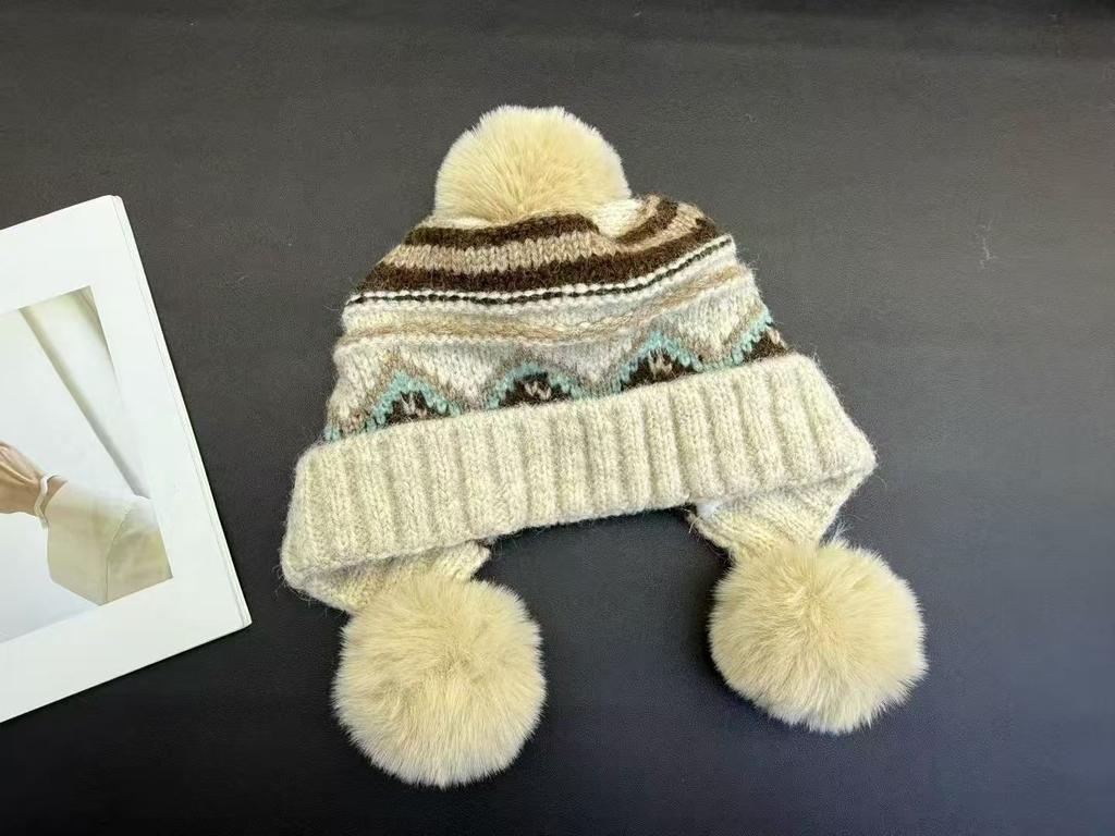 Ear hat women's winter fashion sweet thickened warm big hairball wool hat trendy versatile knitted hat
