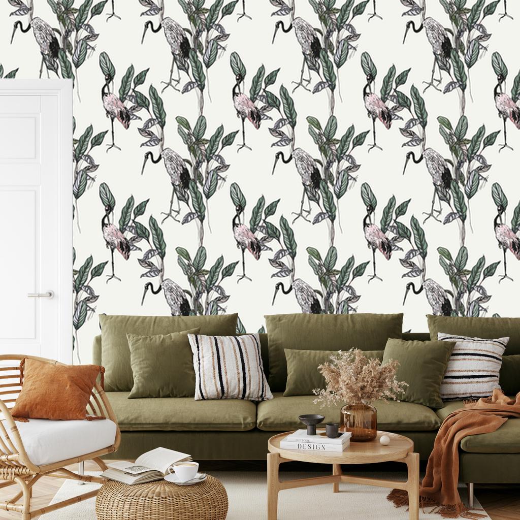 Cranes and leaves wallpaper for living room and bedroom 50x1000