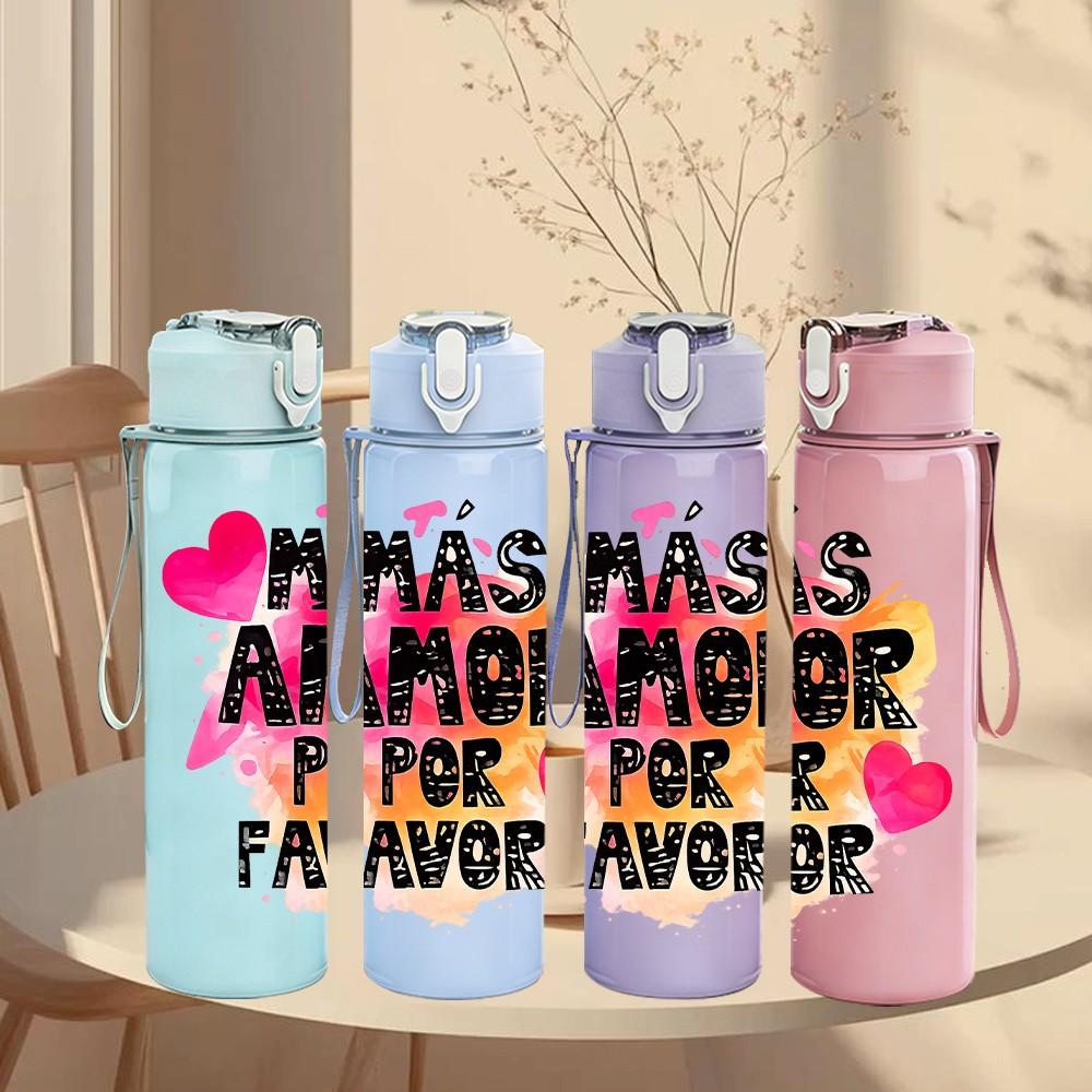 1PC Has Amor Por Favor Spanish Heart Print 750ml Color Plastic Sports Water Bottle Leakproof Flip Straw Lid Suitable for Sports Office Home Use