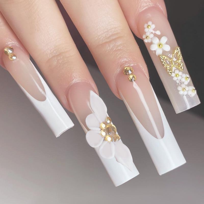 Европейский и американский ручной работы белый французский кончик длинные ногти с 3D цветочным дизайном