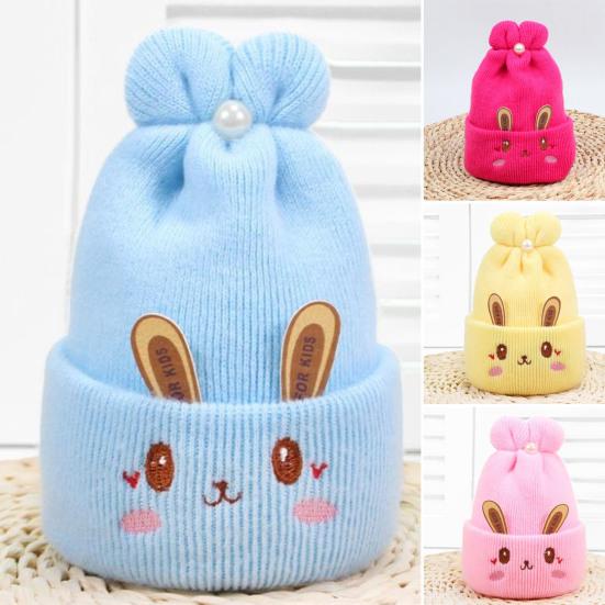 0-6 Месяцев Вязаная Шапка Ушки Кролика Вышивка Лицо Плиссированный Верх Декор Имитацией Жемчуга Эластичная Защита Ушей Более Плотная Осень Зима