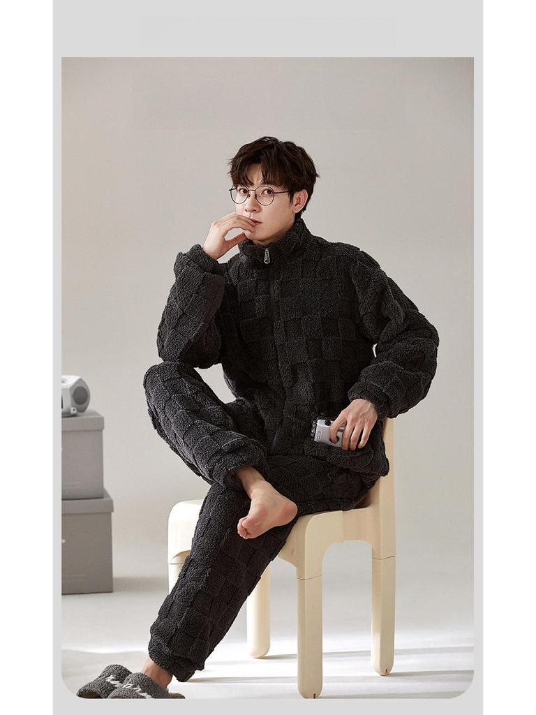 Парный комплект пижамы из кораллового флиса с рисунком - мужская и женская фланель на молнии для осени/зимы