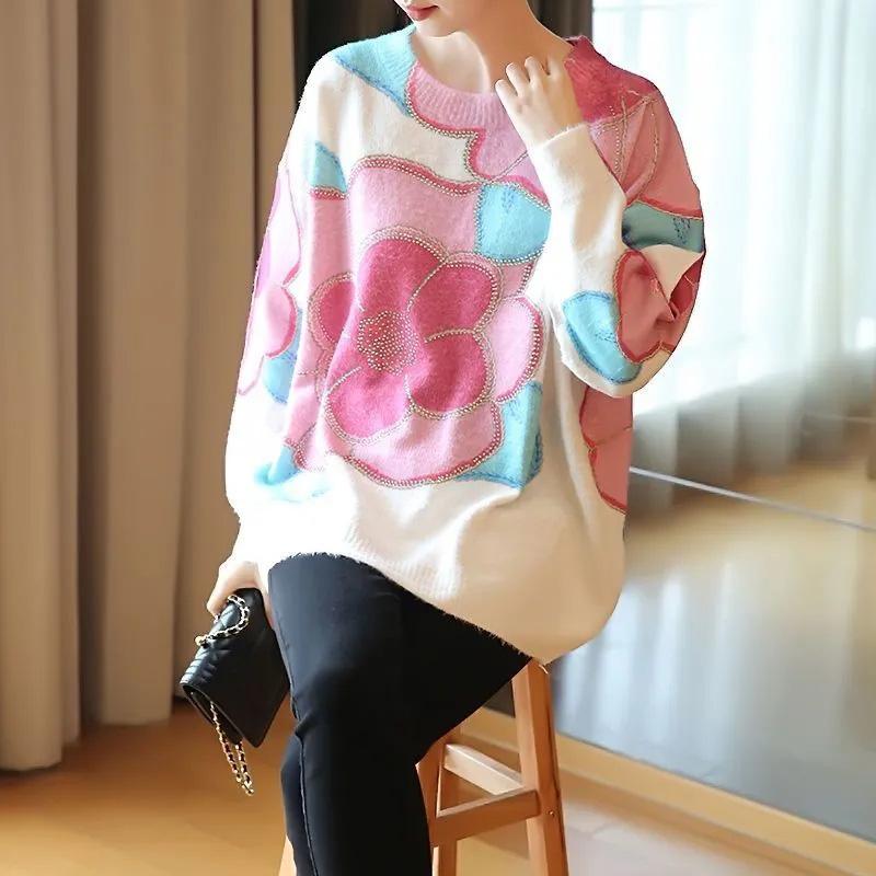 Вязаный свитер, женский осенне-зимний свободный теплый принт внутри, повседневный универсальный пуловер, вязаный свитер, топы