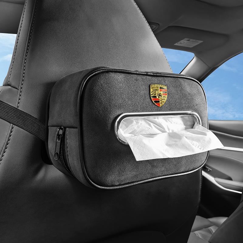 Car Tissue Box Suede Car Center Console Armrest Napkin Box Sun Visor Tissue Case For Porsche Macan Panamera Cayenne Cayman 911 GO3