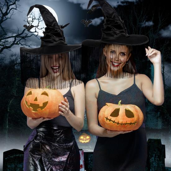 Женская шляпа ведьмы на Хэллоуин, черная шляпа ведьмы с большими полями и бахромой, косплей