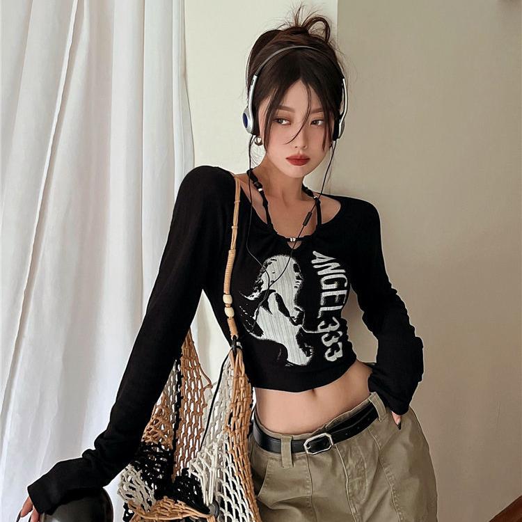 Grunge Y2k женская футболка с винтажным принтом и круглым вырезом в стиле пэчворк, тонкий топ с длинными рукавами Kpop, модная футболка с рисунком, уличная одежда