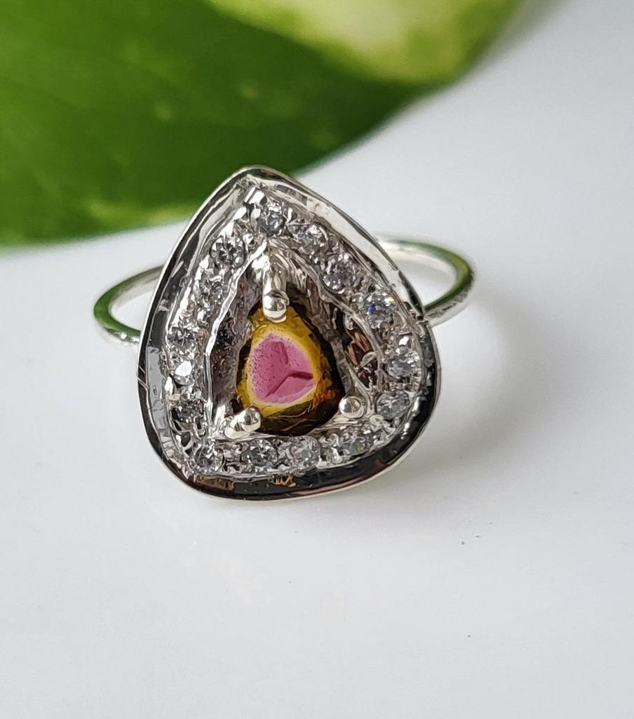 Кольцо из серебра 925 пробы с натуральным турмалином Liddicoatite и фианитами, размер 7,75 США, подарок A85