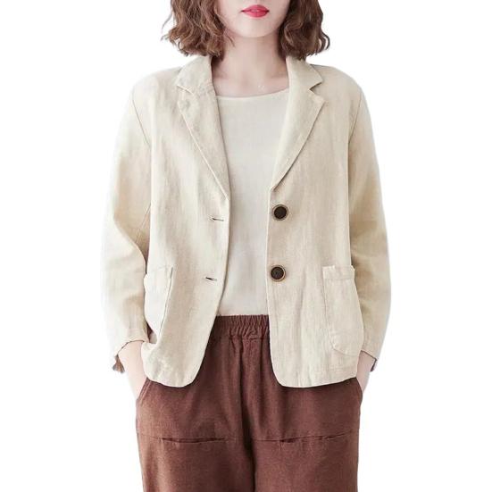 Cotton Linen Coat for Women Vintage Long Sleeve Blazer Jacket Casual Lapel 2 Buttons Thin