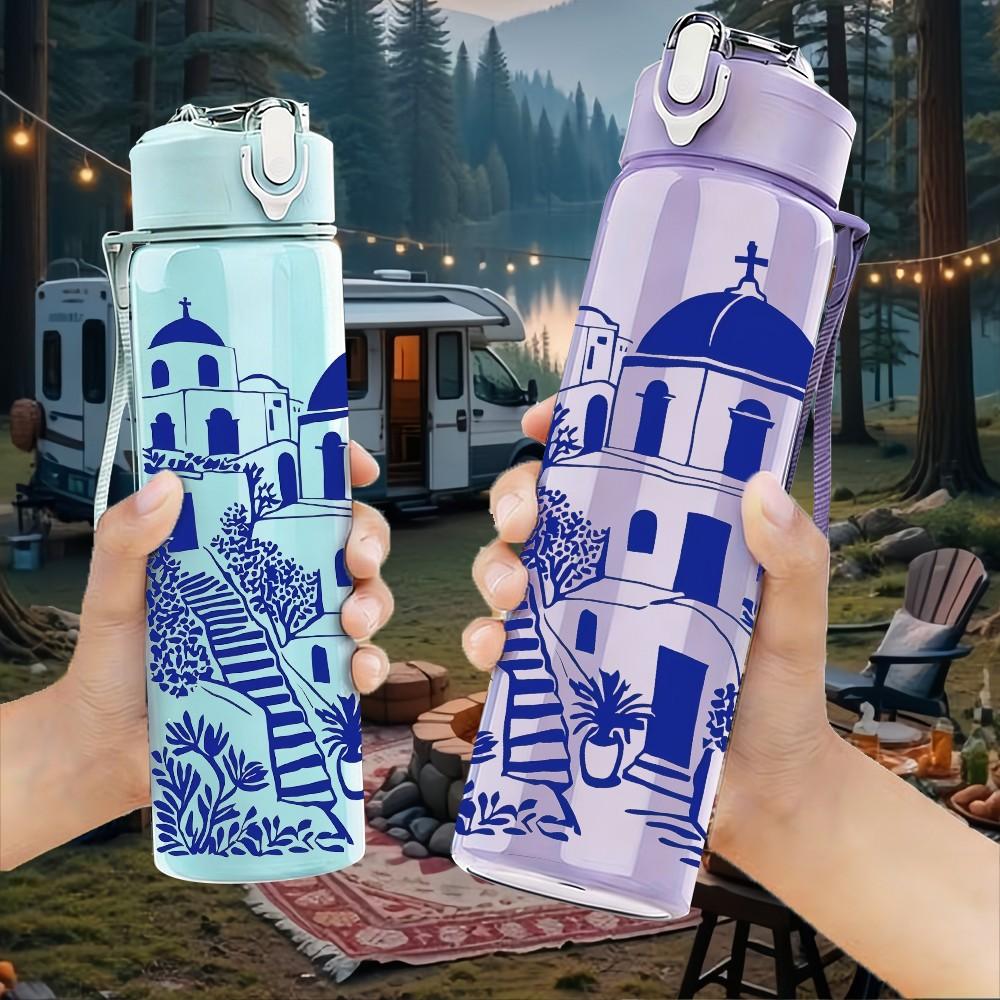 1PC Blue Santorini Building Mediterranean Print 750ml Color Plastic Sports Water Bottle Leakproof Flip Straw Lid Suitable for Sports Office Home Use