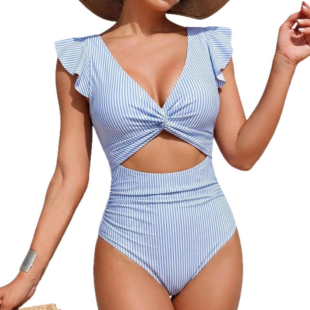 European and American new lotus leaf edge one-piece swimsuit to cover the belly and look thin, high waist hot spring vacation bikini