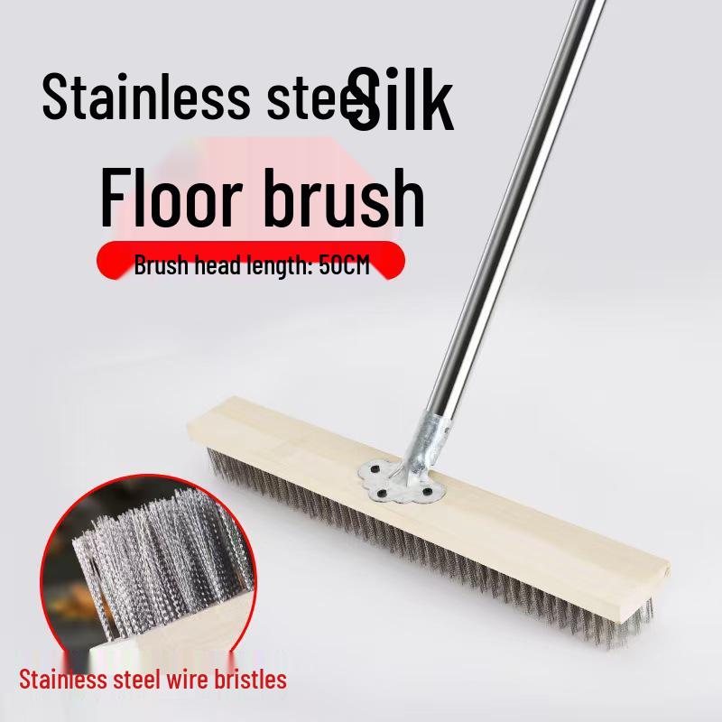 Stainless Steel Wire Brush with Long Handle for Cement Floors - Hard Bristle Iron Brush for Moss Removal