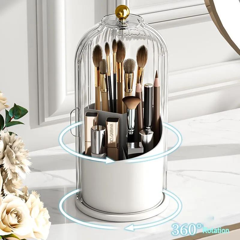 Makeup Brush Holder with Lid, Luxury Cosmetic Organizer, Lipstick, Eyebrow Pencil Holder, Eye Shadow Storage Box, 360 ° Rotating