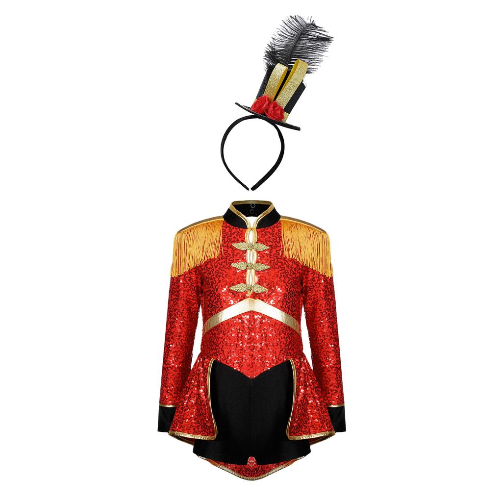 Girls Circus Drummer Costume Long Sleeve Sequined Bodysuit Fringe Epaulet Shoulder Mini Top Hat Accessory