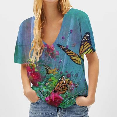 Модные весенние блузки с принтом бабочек, футболки с коротким рукавом и V-образным вырезом, повседневные