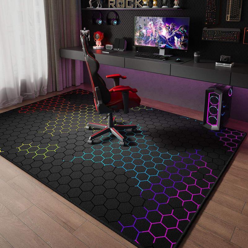 Neon Hexagon Gaming Area Rug Non Slip Anti Noise Chair Friendly Mat E Sports Game Room Bedroom Home Decor