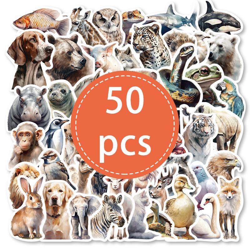 50 ШТ. Акварельные Наклейки с Животными Сафари Милые Реалистичные Животные Эстетичные Наклейки Виниловые Водонепроницаемые для Бутылки с Водой Ноутбука Багажа