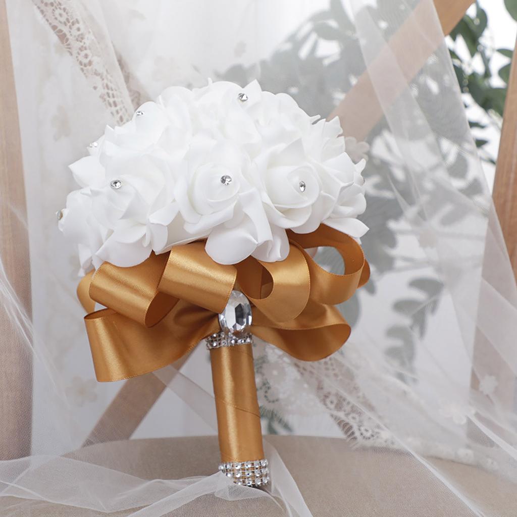 Artificial Silk Wedding Flowers Wedding Bouquets For Bride, Crystal Roses Pearl Bridesmaid Bouquet Bridal Holding Flowers For Wedding Decoration