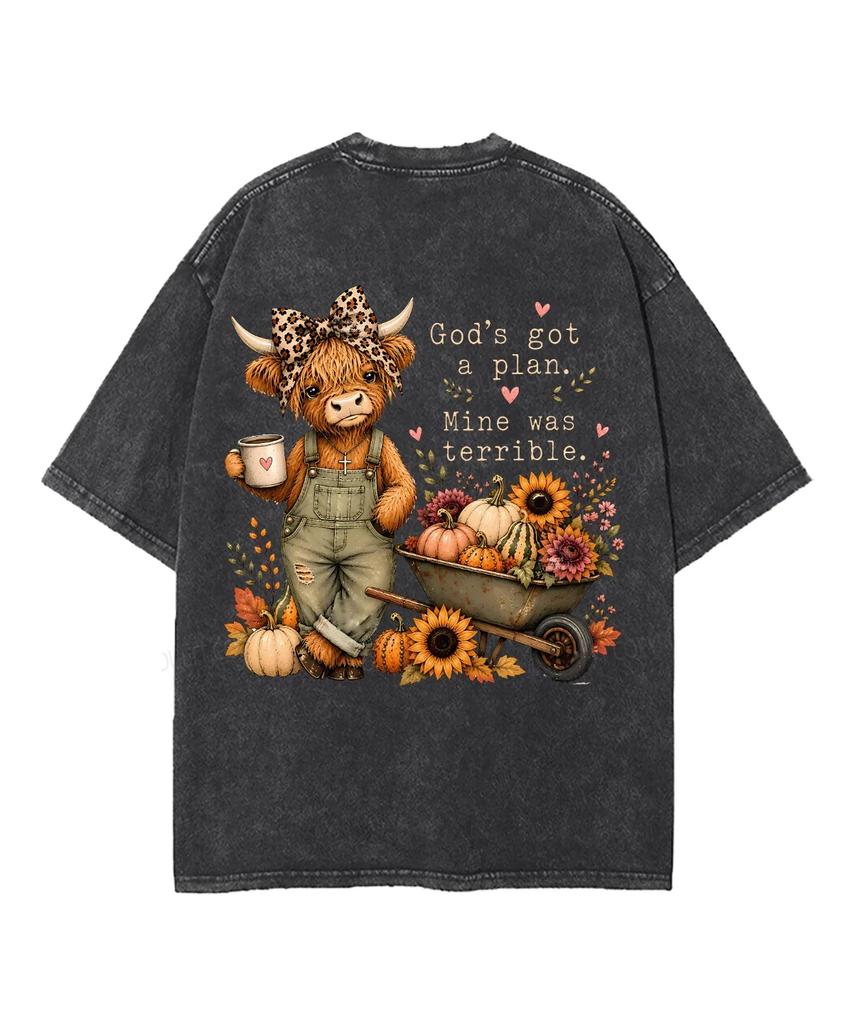 God's Got A Plan Mine Was Terrible Highland Cow Pumpkin Sunflower Christian Vintage Washed T-Shirt Front And Back Print Graphic