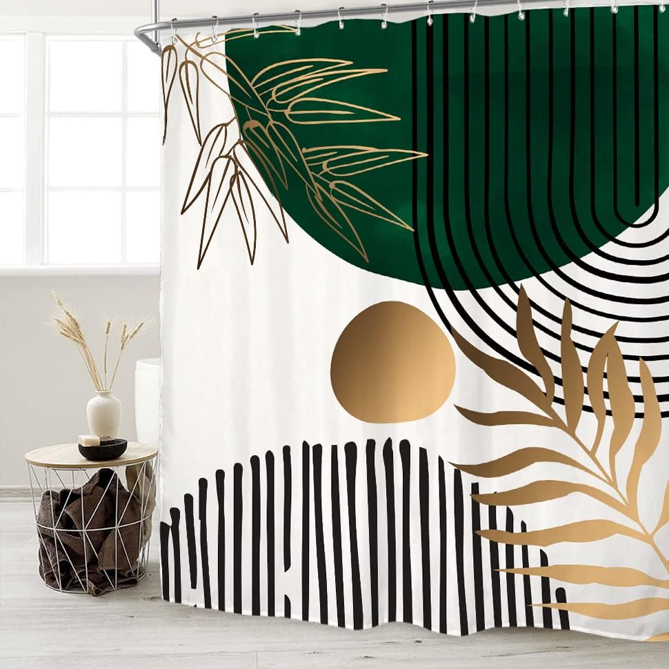 Abstract Leaves Shower Curtain Set Emerald Green Modern Tropical Mid Century Simple Minimalist Chic Polyester Waterproof Cloth