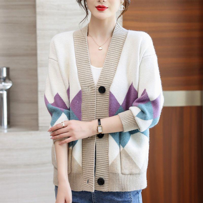 Осенне-зимний вязаный свитер, новый универсальный свитер с цветными блоками для женщин, стильный маленький кардиган, свитер с V-образным вырезом
