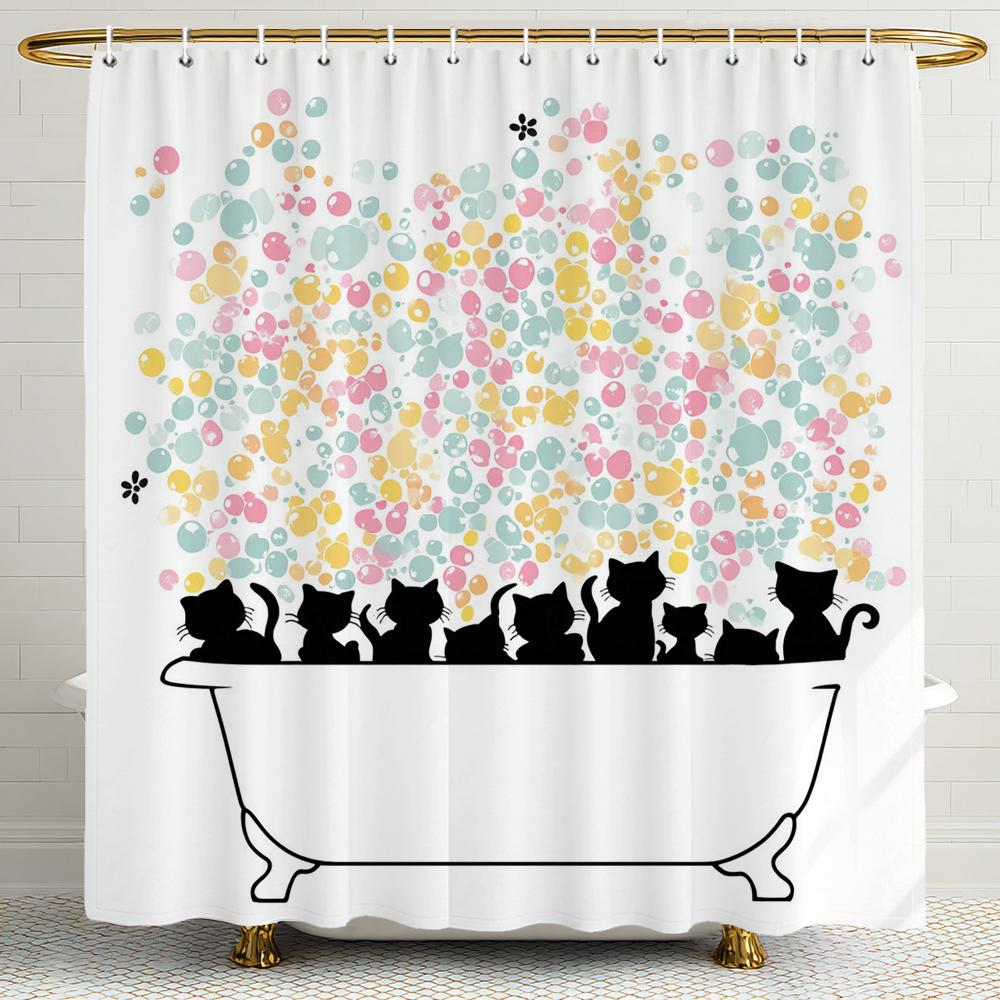 Cute Bathing Cats Art Cartoon Shower Curtain, Bathroom Decorative Shower Curtain, Waterproof Shower Curtain With Hooks