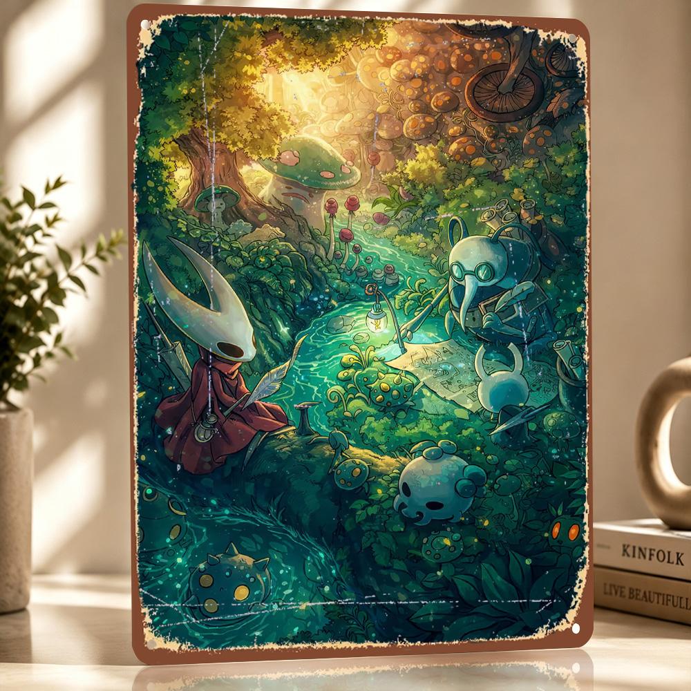Персонажи Hollow Knight у лесного ручья Персонализированный Металлический Плакат D Текстуры Настенное Искусство Жестяная Вывеска для Декора Стен Деко Деко Жесть