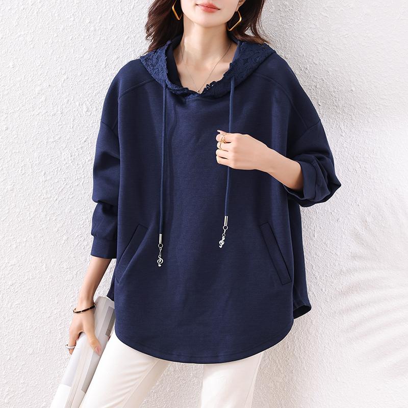Dimanaf 2024 Плюс Размер Осень Однотонная Футболка Женская Новая Кружевная Капюшонная Пуловер Длинный Рукав Свободные Модные Топы Футболки