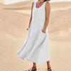 Women Summer Dresss O Neck A-line Loose Hem Sleeveless Pockets Soft Breathable Casual Mid-calf Length Sundress Daily Midi Dress