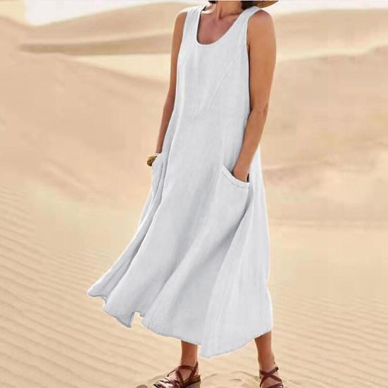 Women Summer Dresss O Neck A-line Loose Hem Sleeveless Pockets Soft Breathable Casual Mid-calf Length Sundress Daily Midi Dress