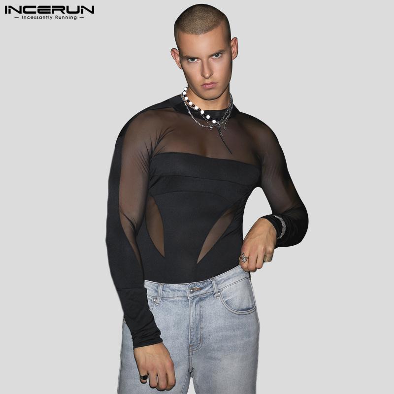 INCERUN Мужской прозрачный сетчатый купальник с длинными рукавами в стиле пэчворк, прозрачные комбинезоны