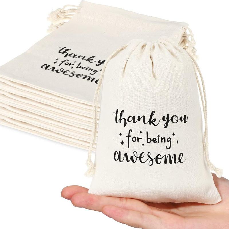 5/10pcs Canvas Drawstring Bag, Birthday Party, Holiday, Wedding Decoration Gift, Letter Print, Drawstring Drawstring, Drawstring Bag