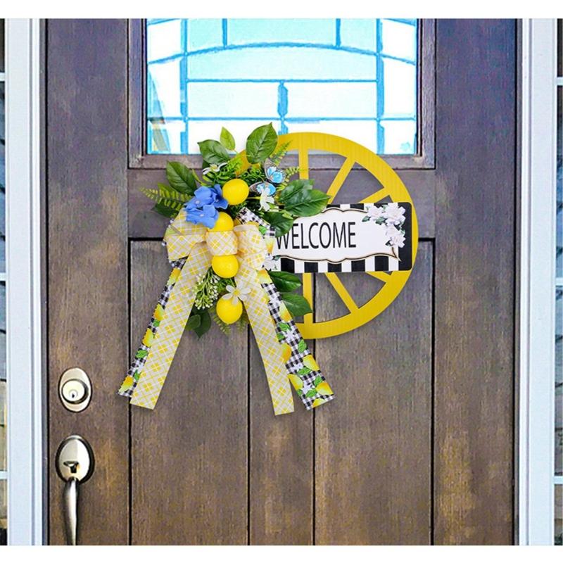 Artificial Spring Wreath with Welcome Wheel, Bowknot Flower Wreath for Front Door, Wedding, Garden Outdoor Decorations
