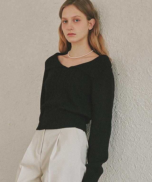 RONRON Big Collar Cable Crop Knit Black