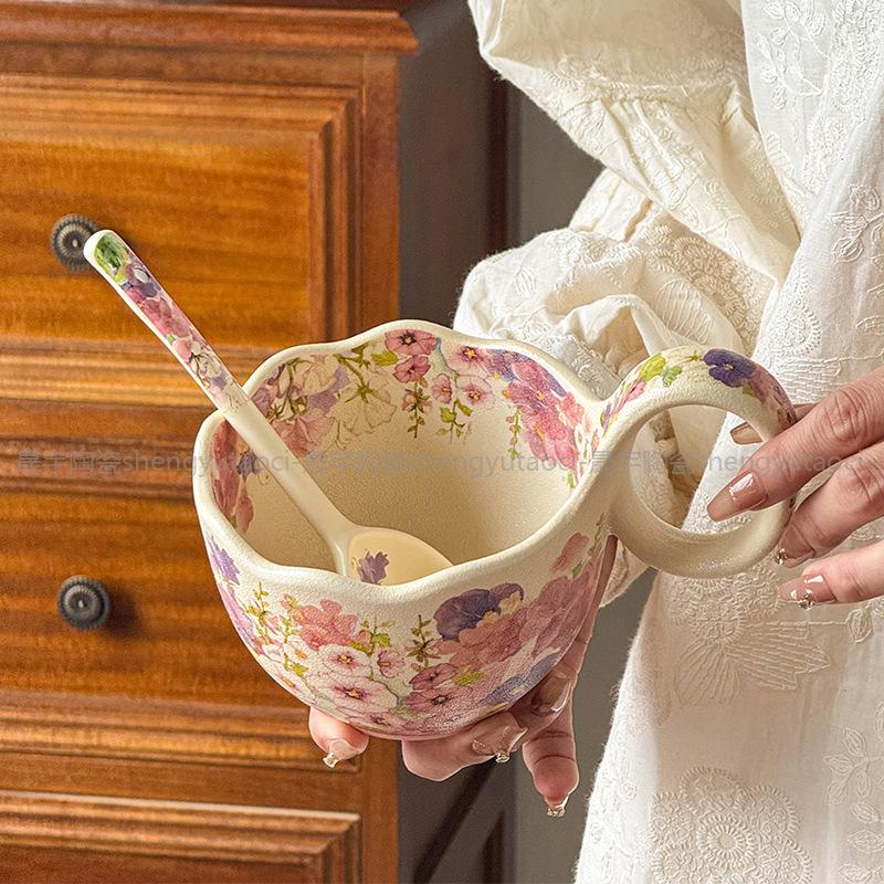 Цветы как парча, бежевая песня, кофейная чашка с ложкой, чашка для завтрака, миска для овсянки, керамический подогретый чайник