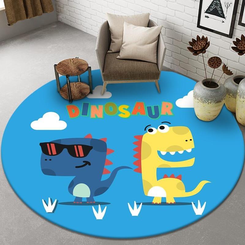 Yellow Round Rug Cartoon Bulldog Design Pet Theme Carpet with Paw Print Butterfly Pattern for Living Room Decor