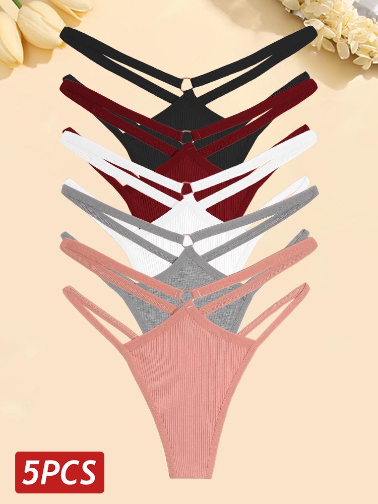 FINETOO 5 шт./компл. женские хлопковые трусики сексуальные ажурные стринги женское дышащее нижнее белье металлические кольца стринги нижнее белье эластичное с низкой посадкой