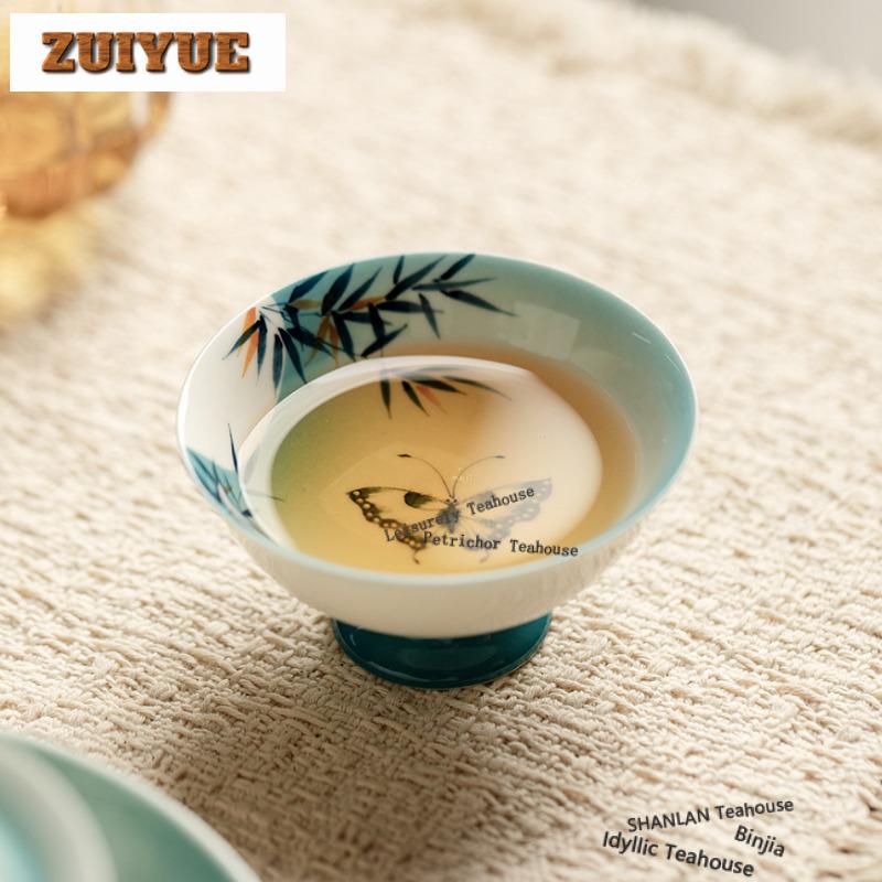 2pc/lot Hand-painted Bamboo Butterfly Teacup Antique Tea Bowl Mug Tea-tasting Meditation Cup Chazhan Master Cups Teaware 60ml