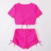 2Pcs/Set Women Summer Bikini Set V Neck Short Sleeve Tops High Waist Drawstring Swimming Trunks Solid Color Quick Drying Swimsuit
