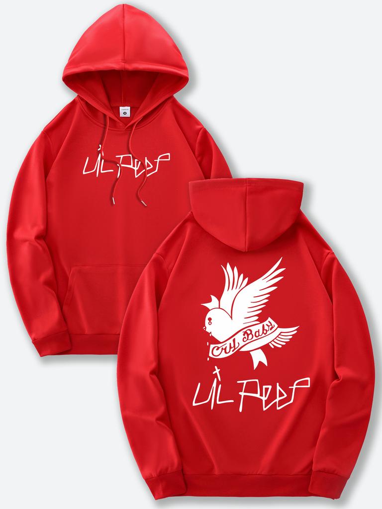 Men's black hooded sweatshirt with front and back prints and an adjustable drawstring hood, perfect for all seasons.