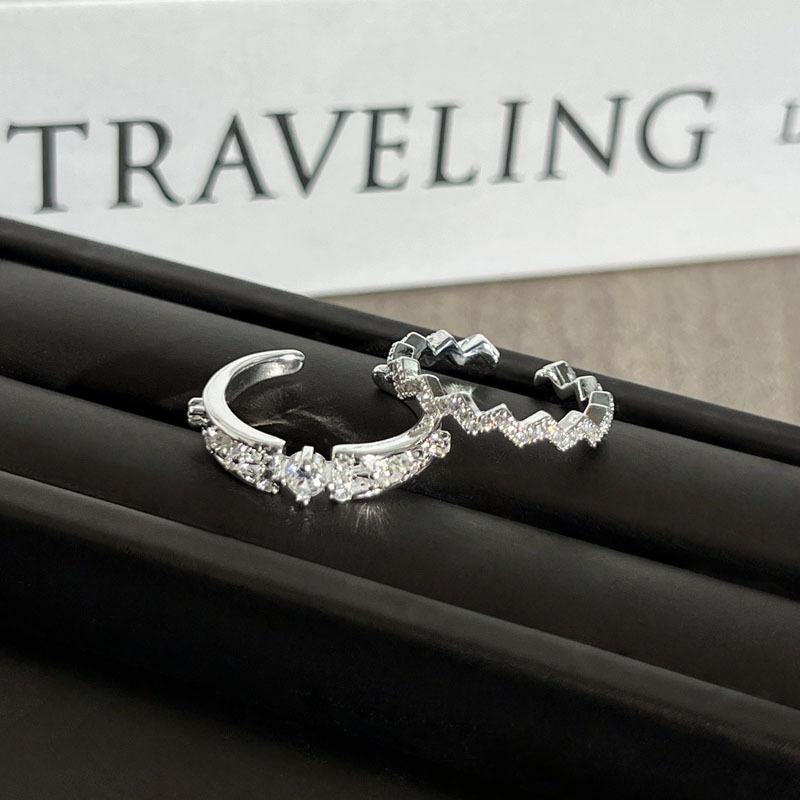 Korean Version of Temperament Wave Row Diamond Fashion Simple Opening Ring Women Ins Cold Wind Niche Stack Wearing Girlfriend Ring