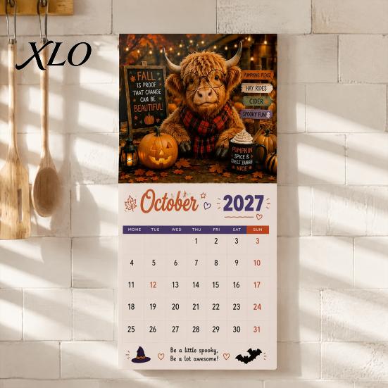 Paper Monthly Wall Planner 2027 Funny Highland Cow Calendar, Cute Farm Animal 12 Month Decorative for Home Scottish Hanging Rustic Decor Art