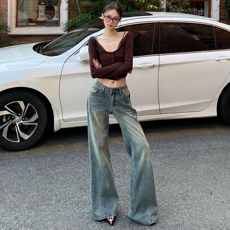 Heavy retro blue slub pattern slightly pulled jeans women's non-stick legs low waist loose flared pants wide leg pants