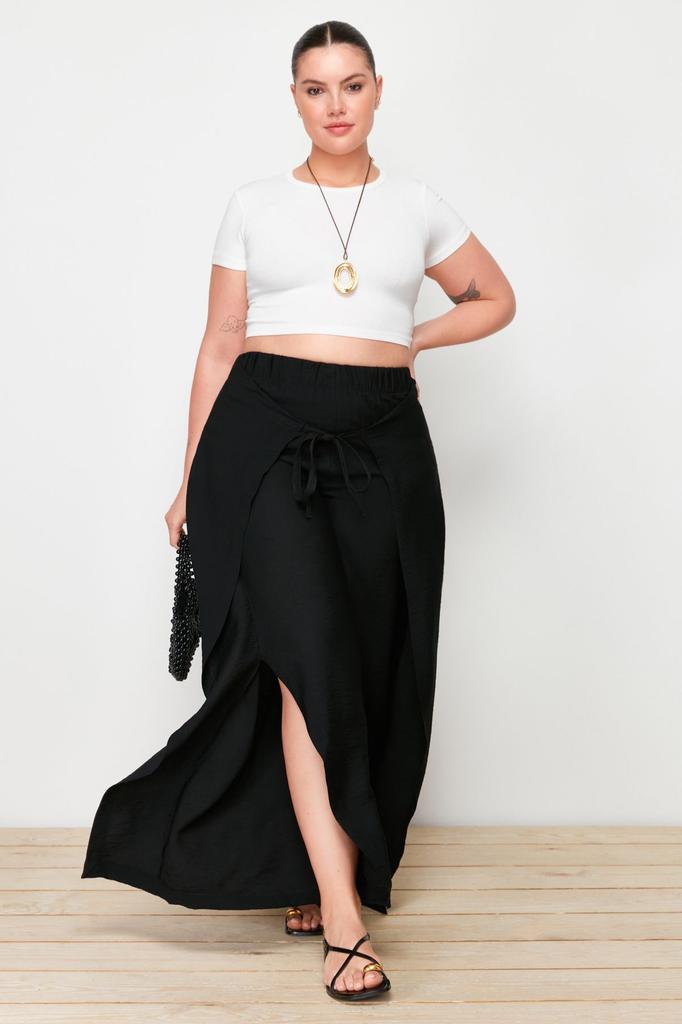 Women's Style Plus Size Pants Black Wrap Closure Detailed Beach Textile Woven Trousers